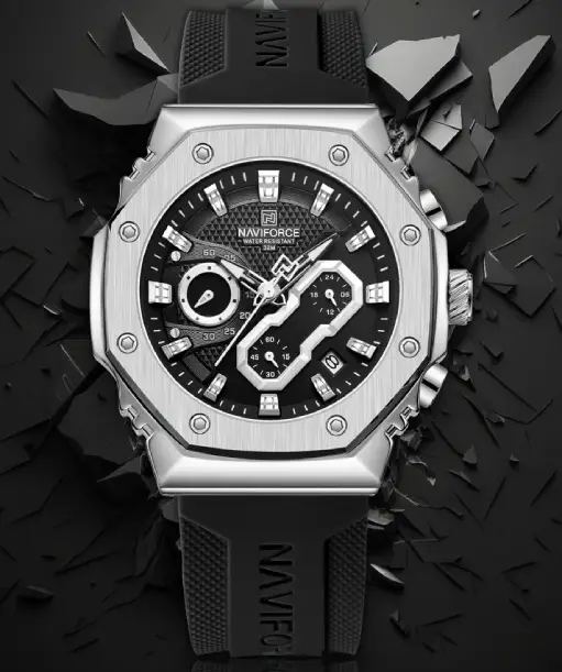 NF8035G Silver Black silicone strap analog chronograph watch for mens-NAVIFORCE