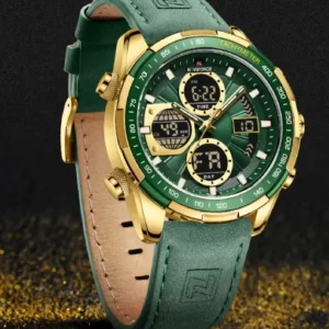 NF9197L Gold Green leather analog-digital watch for men - NAVIFORCE