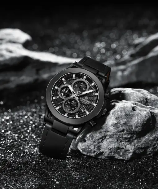 Naviforce NF8073 Unique Black Genuine Leather Analog Watch - Image 2