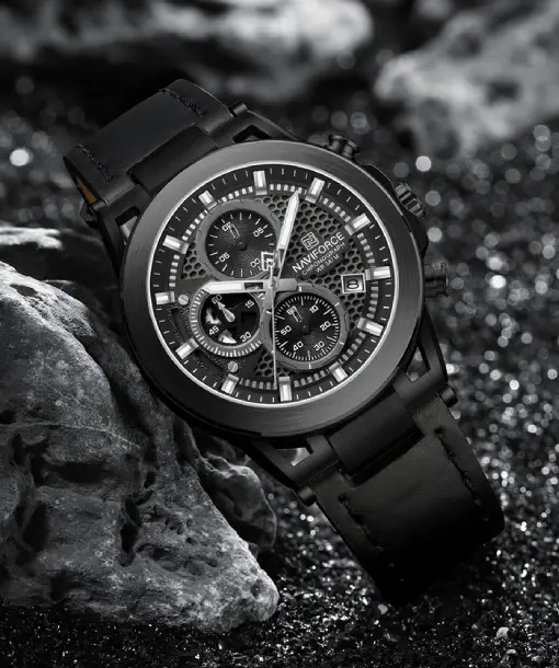 Naviforce NF8073 Unique Black Genuine Leather Analog Watch