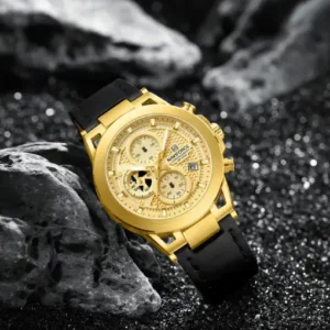 Naviforce NF8073 Unique Gold Dial With Black Leather Analog Watch