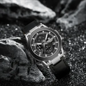 Naviforce NF8073 Unique Silver-Black Genuine Leather Analog Watch
