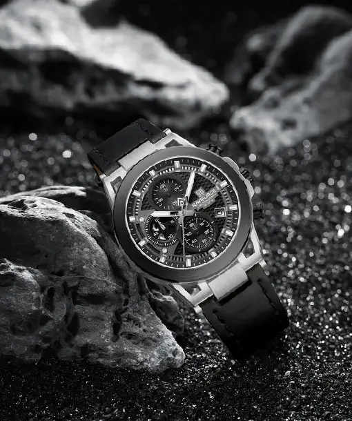 Naviforce NF8073 Unique Silver-Black Genuine Leather Analog Watch