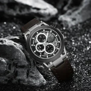 Naviforce NF8073 Unique Silver-Brown Genuine Leather Analog Watch