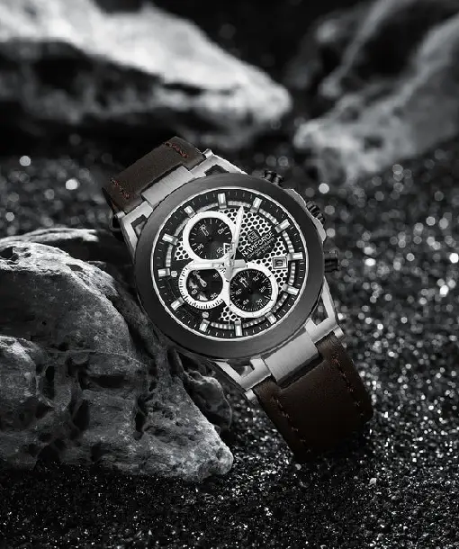 Naviforce NF8073 Unique Silver-Brown Genuine Leather Analog Watch