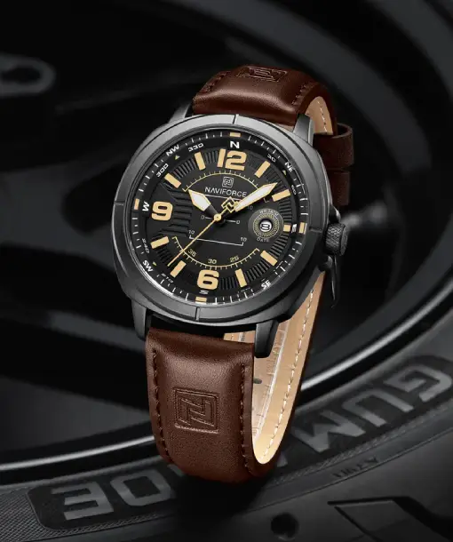 Naviforce NF8078 black dial with brown leather strap Analog Watch - Image 3