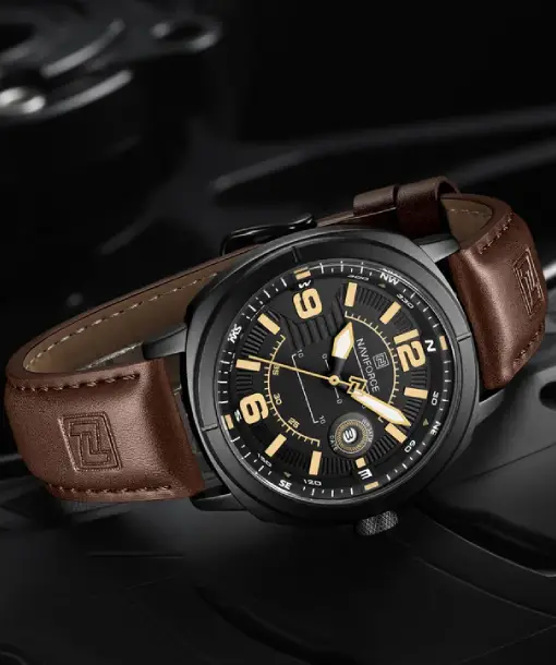 Naviforce NF8078 black dial with brown leather strap Analog Watch - Image 2