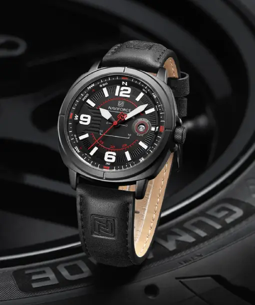 Naviforce NF8078 black dial with black leather strap Analog Watch - Image 2