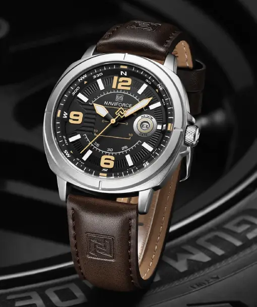 Naviforce NF8078 black dial with brown leather strap Analog Watch - Image 2