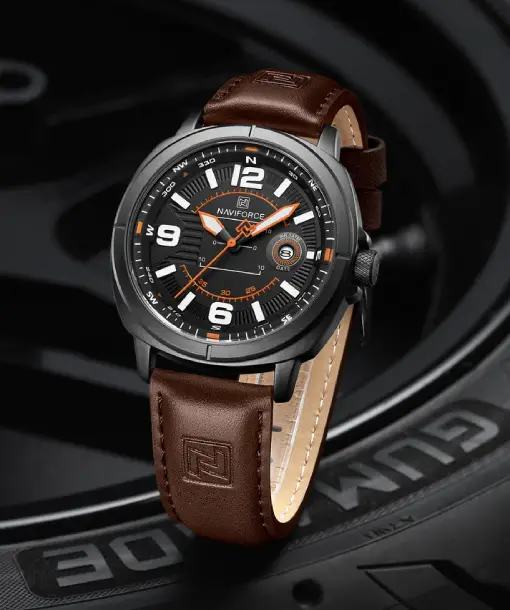 Naviforce NF8078 black dial with brown leather strap Analog Watch - Image 2
