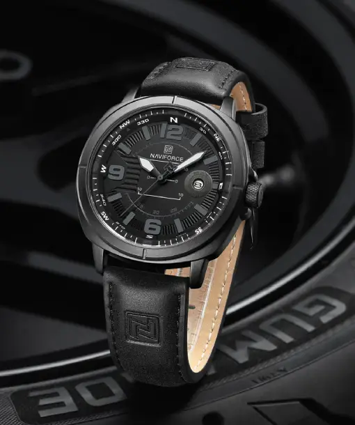 Naviforce NF8078 gray dial with black leather strap Analog Watch - Image 2