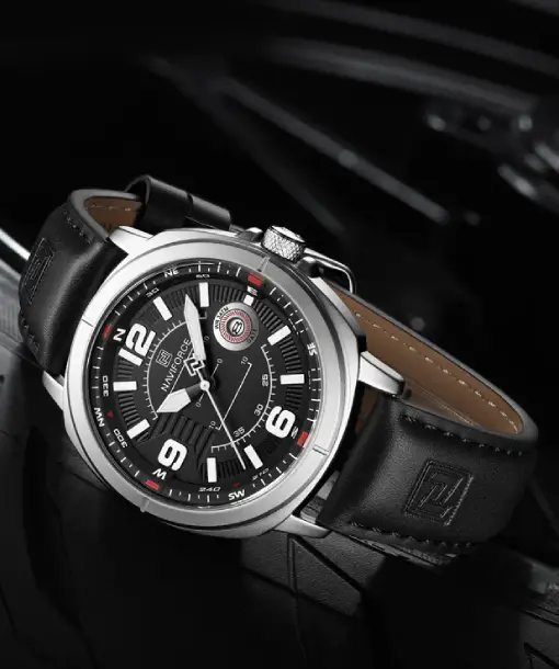 Naviforce NF8078 silver dial with black leather strap Analog Watch (2)