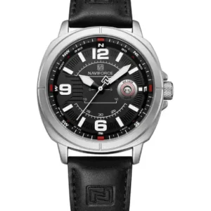 Naviforce NF8078 silver dial with black leather strap Analog Watch