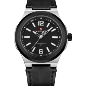Naviforce NF9233 black and Silver with leather strap Analog Watch