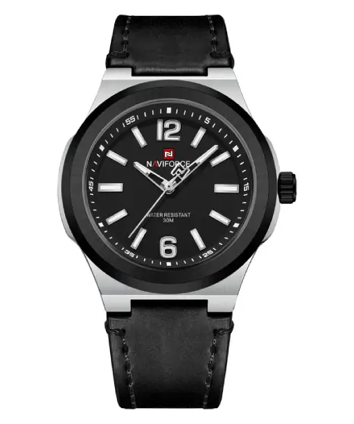 Naviforce NF9233 black and Silver with leather strap Analog Watch