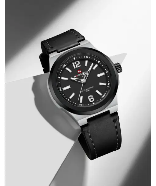 Naviforce NF9233 black and Silver with leather strap Analog Watch - Image 2
